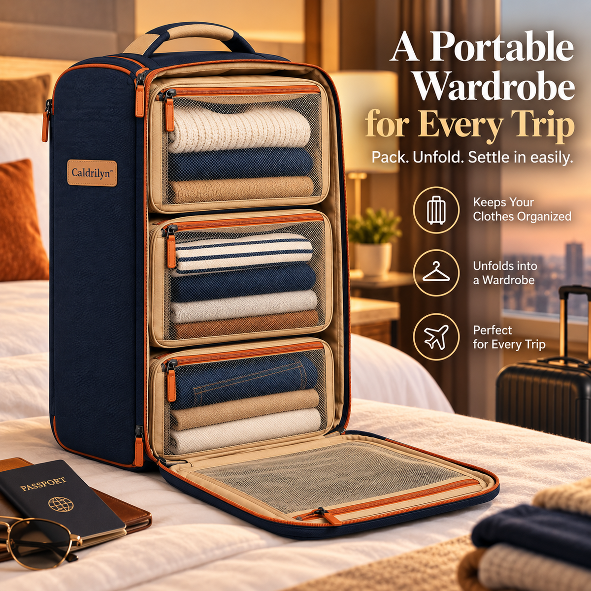 Caldrilyn™ Fold-Out Travel Wardrobe Organizer with Front-Access Compartments