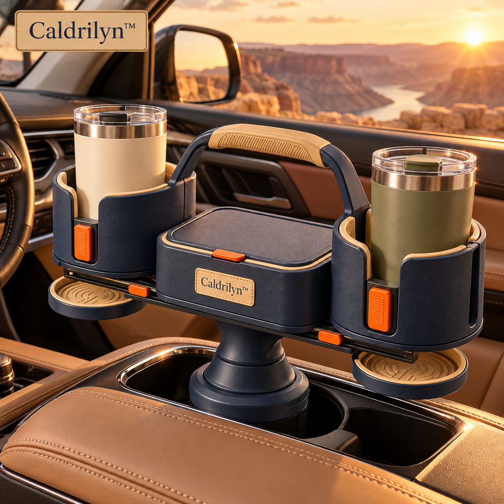 Caldrilyn™ Sliding Console Beverage Organizer with Adjustable Cup Bays and Lift-Out Travel Caddy