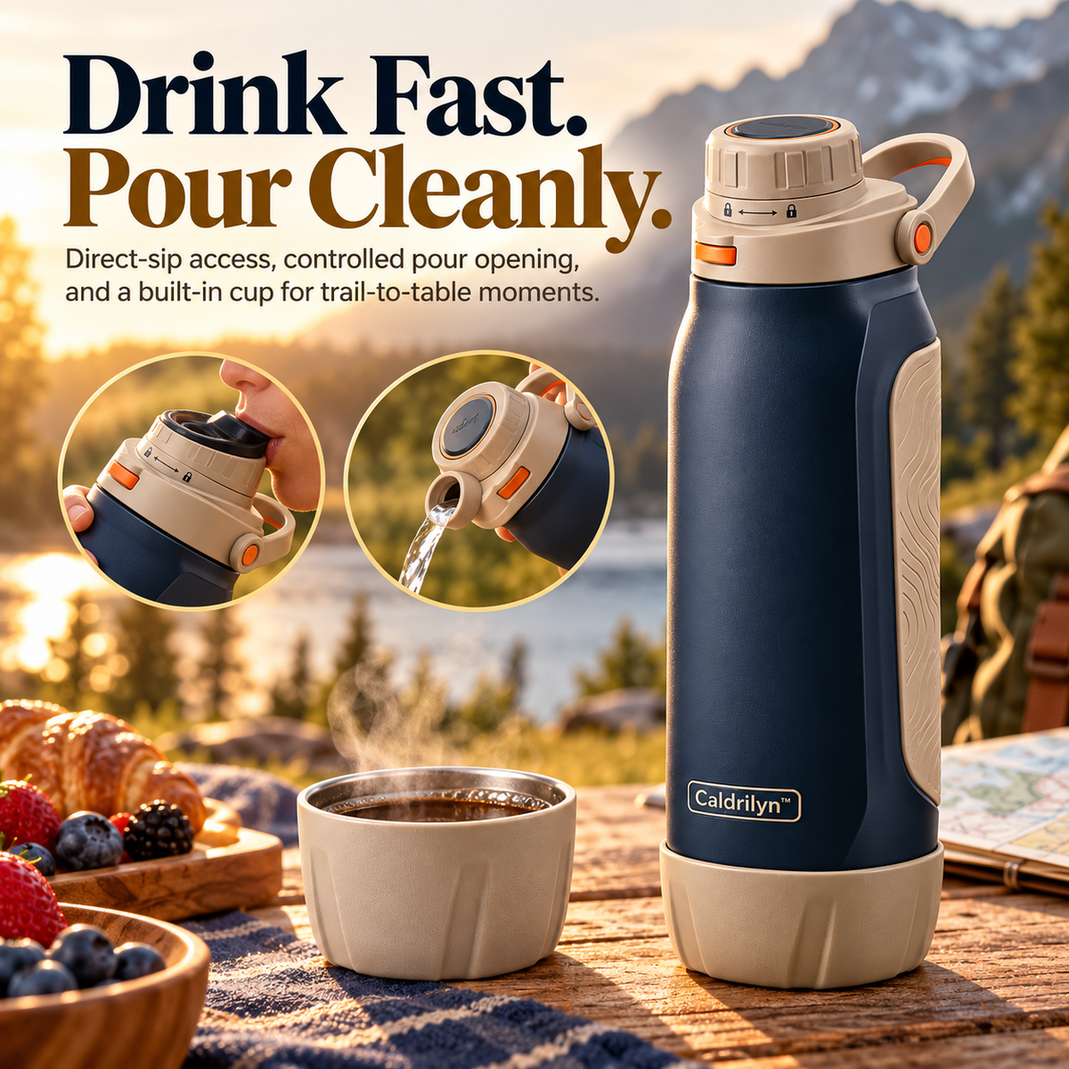 Caldrilyn™ Dual-Mode Trail & Table Water Bottle with Flat-Back Grip and Convertible Base Cup