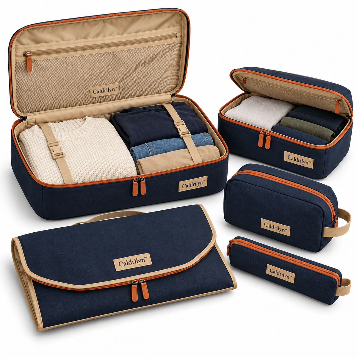 Caldrilyn™ Modular Travel Organization Set with Convertible Packing Trays and Destination Pouches