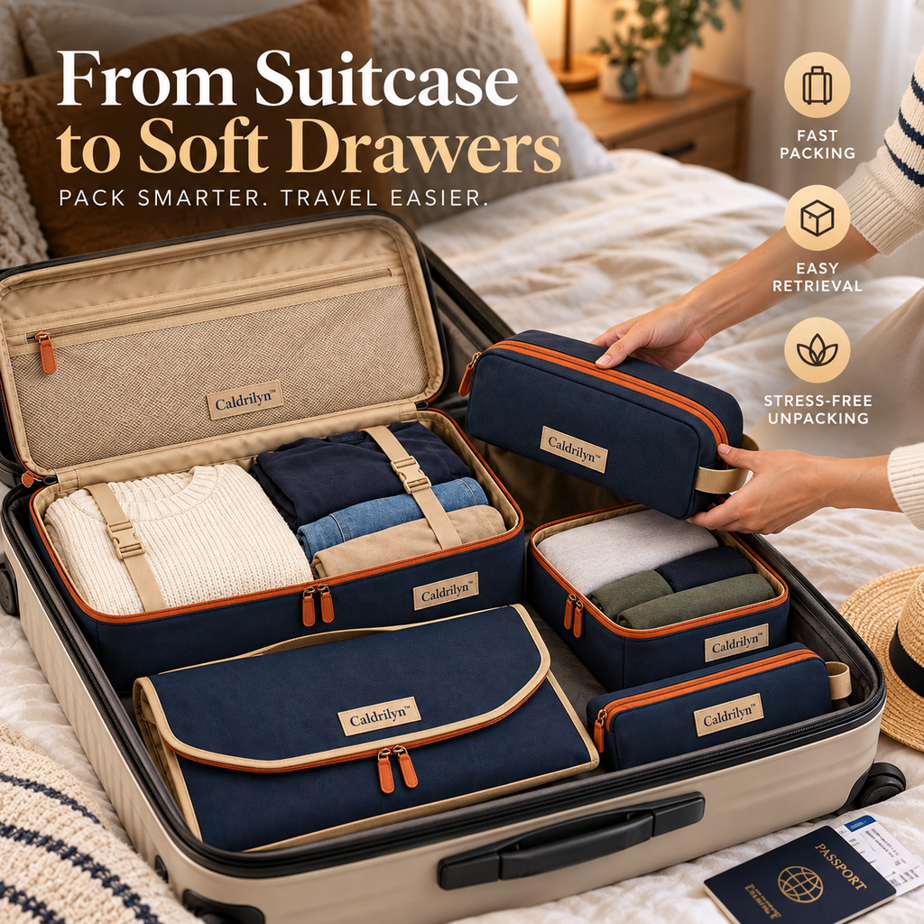 Caldrilyn™ Modular Travel Organization Set with Convertible Packing Trays and Destination Pouches