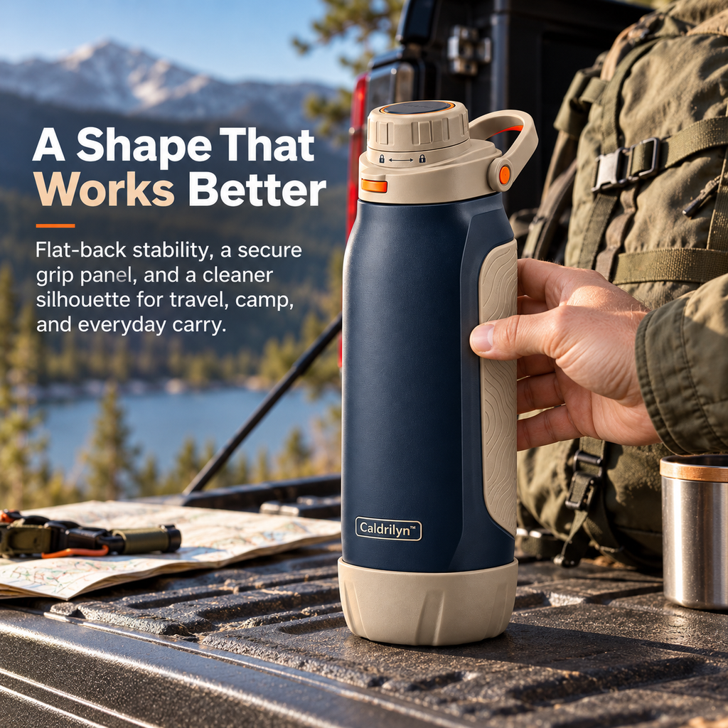 Caldrilyn™ Dual-Mode Trail & Table Water Bottle with Flat-Back Grip and Convertible Base Cup
