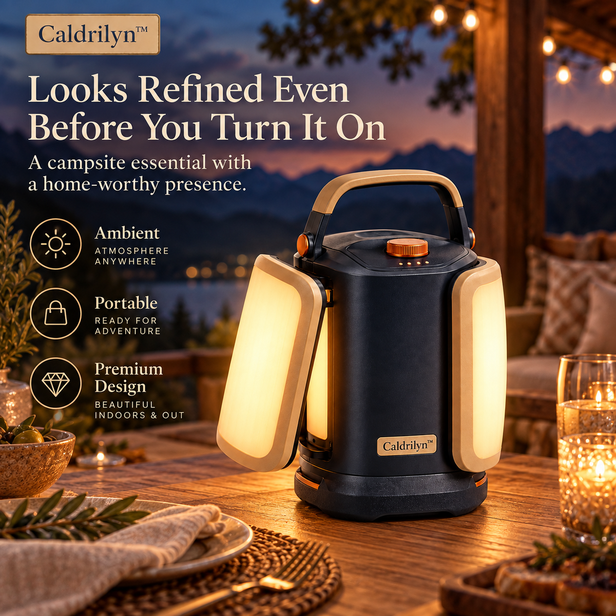 Caldrilyn™ Convertible Ambient & Task Camping Lantern with Rotating Light Panels