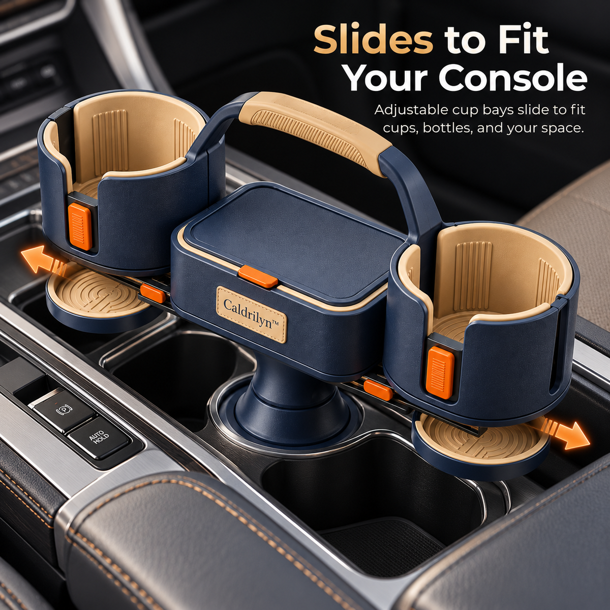 Caldrilyn™ Sliding Console Beverage Organizer with Adjustable Cup Bays and Lift-Out Travel Caddy
