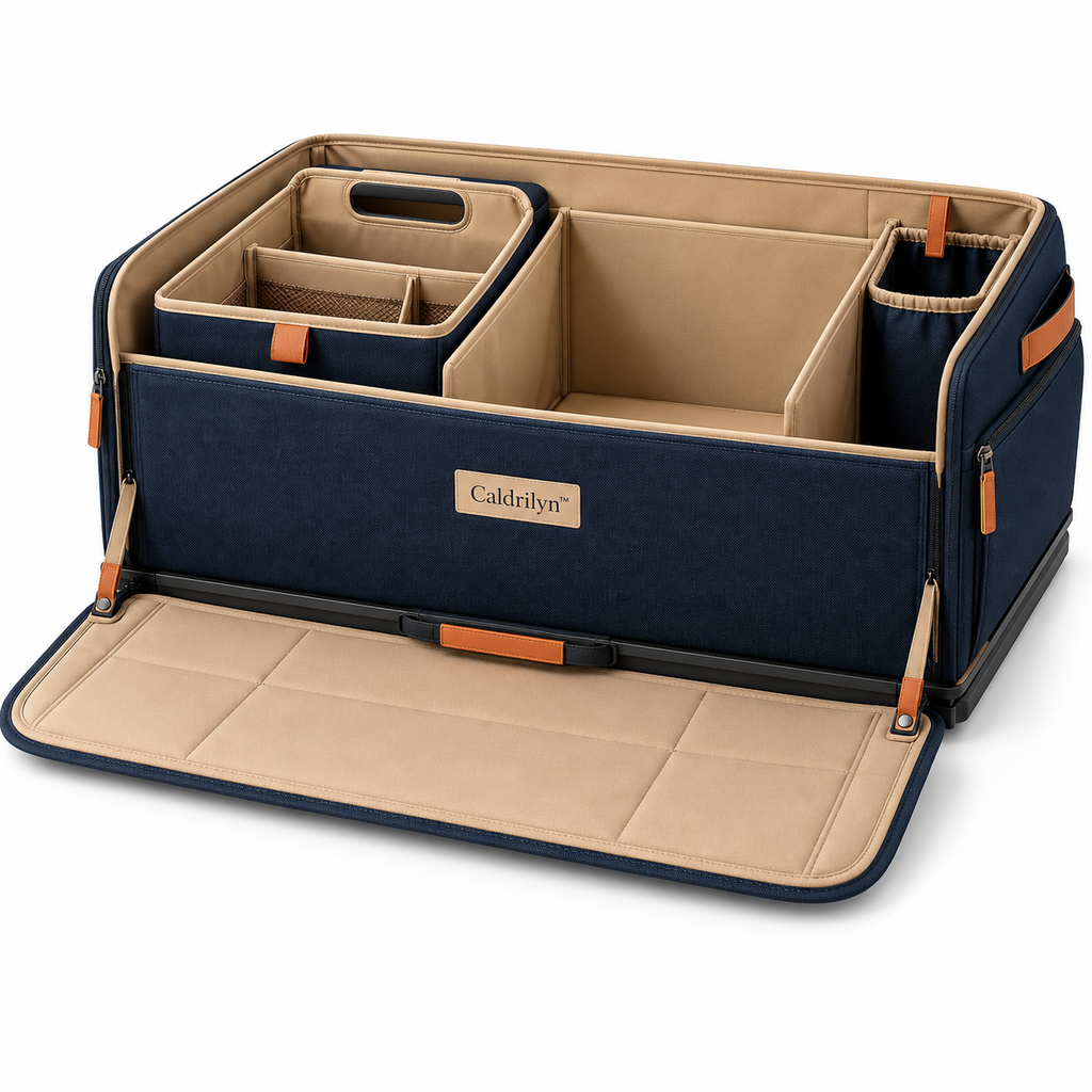 Caldrilyn™ Pull-Forward Trunk Organizer with Lift-Out Caddy and Fold-Down Bumper Mat