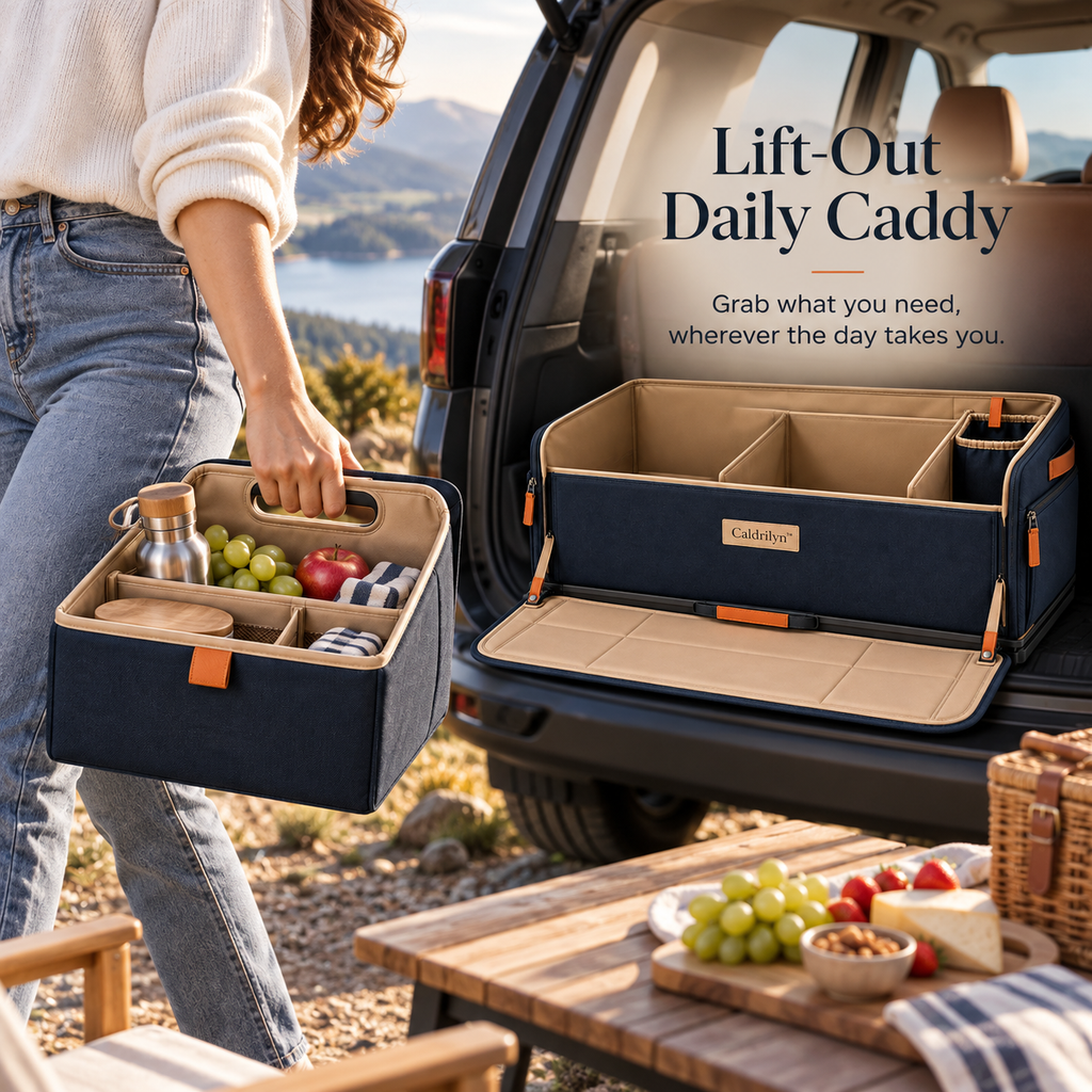 Caldrilyn™ Pull-Forward Trunk Organizer with Lift-Out Caddy and Fold-Down Bumper Mat