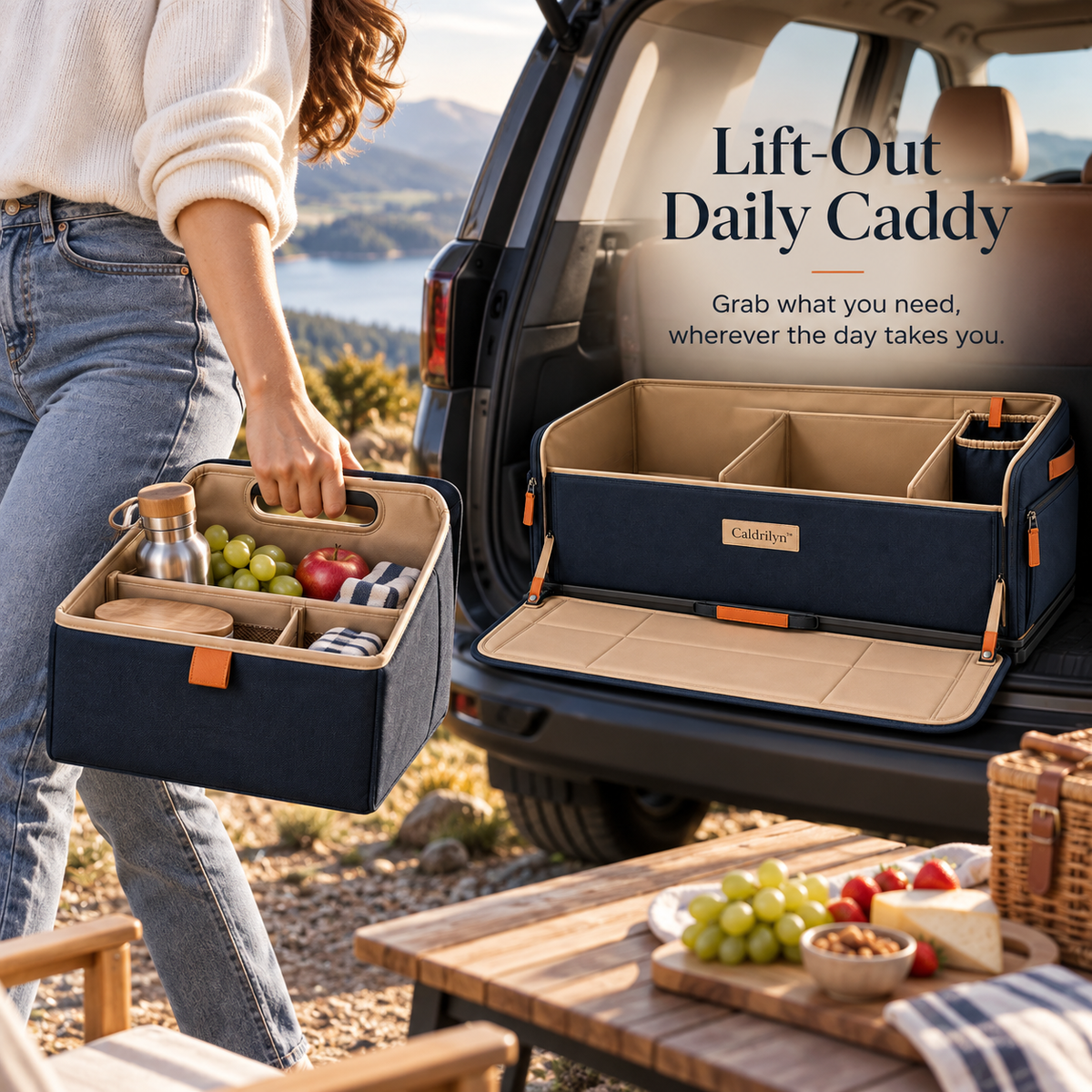 Caldrilyn™ Pull-Forward Trunk Organizer with Lift-Out Caddy and Fold-Down Bumper Mat
