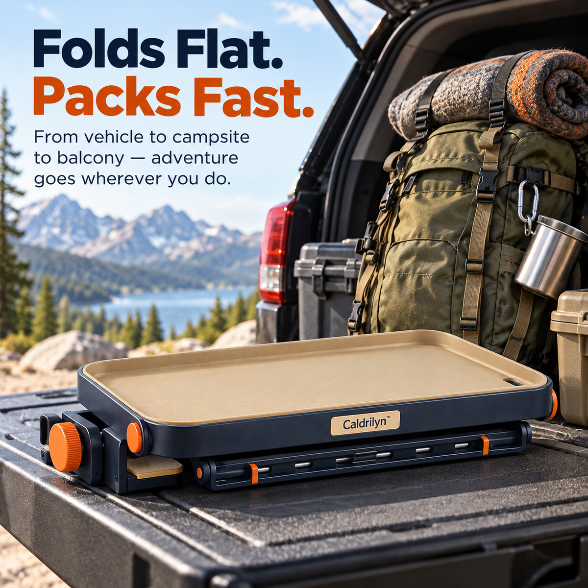 Caldrilyn™ Convertible Clamp-On Outdoor Utility Shelf with Gear Rail and Fold-Flat Carry Design