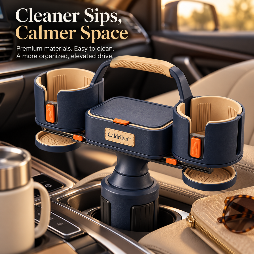 Caldrilyn™ Sliding Console Beverage Organizer with Adjustable Cup Bays and Lift-Out Travel Caddy