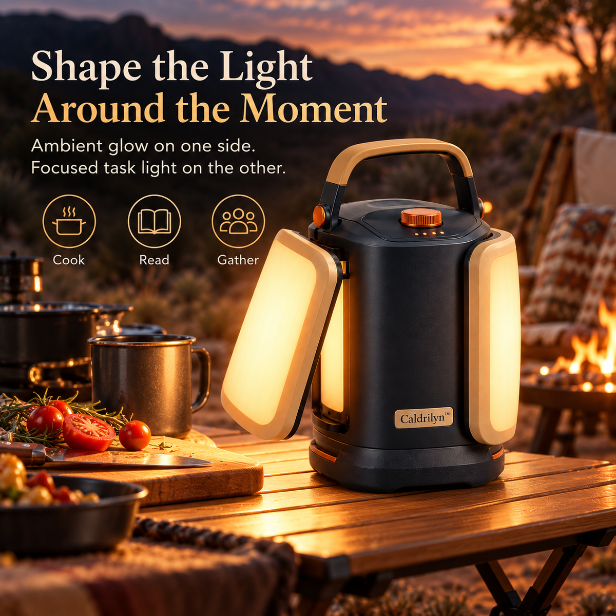 Caldrilyn™ Convertible Ambient & Task Camping Lantern with Rotating Light Panels