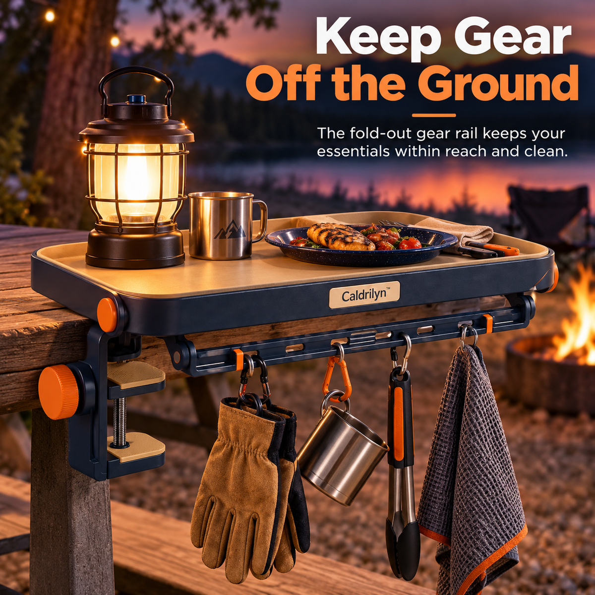 Caldrilyn™ Convertible Clamp-On Outdoor Utility Shelf with Gear Rail and Fold-Flat Carry Design