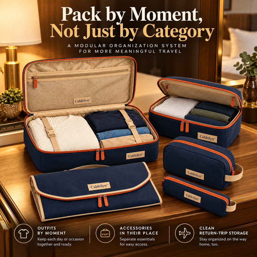 Caldrilyn™ Modular Travel Organization Set with Convertible Packing Trays and Destination Pouches