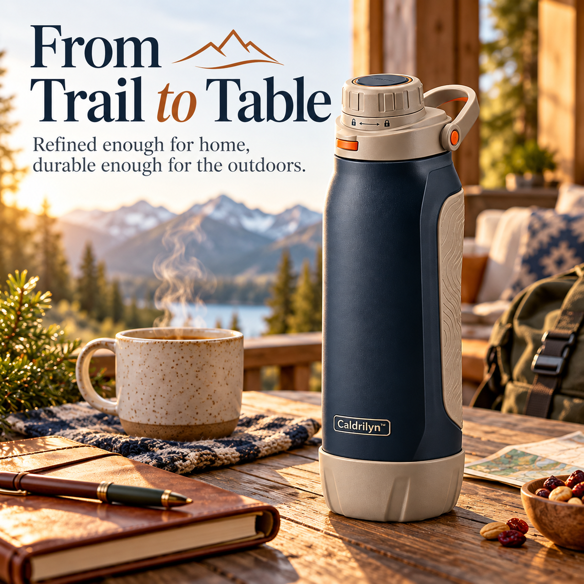 Caldrilyn™ Dual-Mode Trail & Table Water Bottle with Flat-Back Grip and Convertible Base Cup