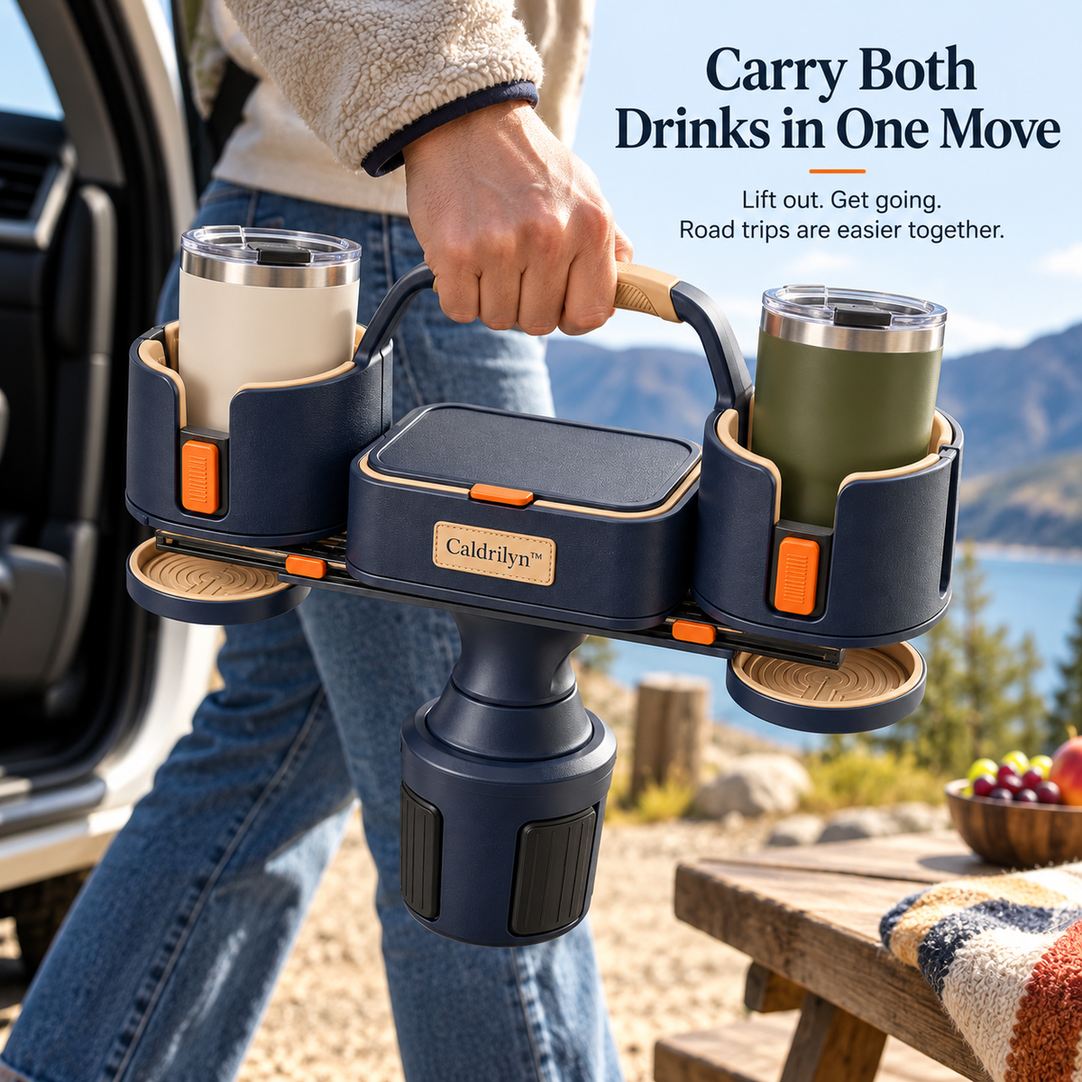 Caldrilyn™ Sliding Console Beverage Organizer with Adjustable Cup Bays and Lift-Out Travel Caddy