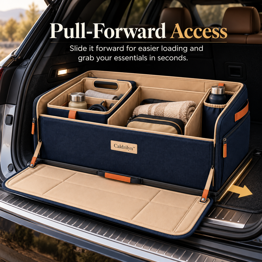 Caldrilyn™ Pull-Forward Trunk Organizer with Lift-Out Caddy and Fold-Down Bumper Mat