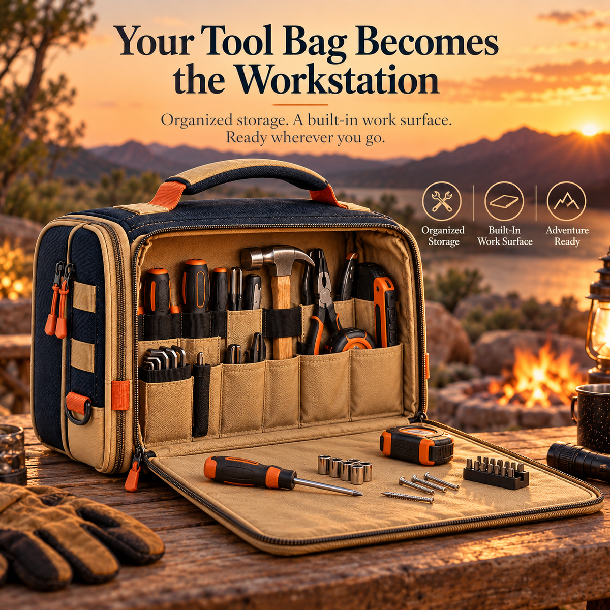 Caldrilyn™ Convertible Field Tool Organizer with Fold-Out Work Mat and Standing Caddy