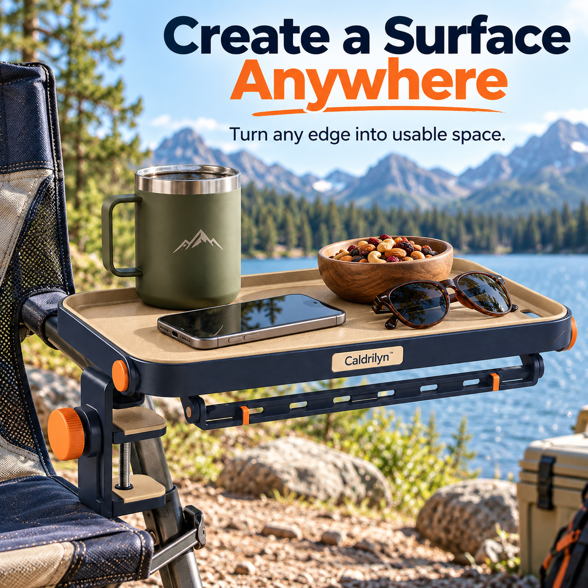 Caldrilyn™ Convertible Clamp-On Outdoor Utility Shelf with Gear Rail and Fold-Flat Carry Design
