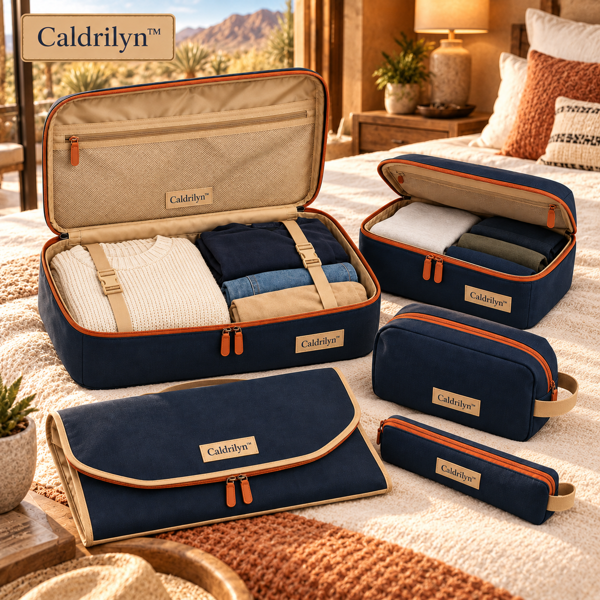 Caldrilyn™ Modular Travel Organization Set with Convertible Packing Trays and Destination Pouches