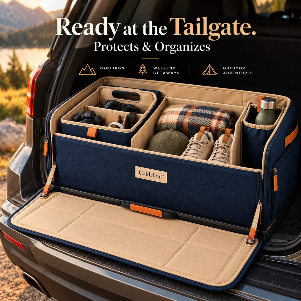 Caldrilyn™ Pull-Forward Trunk Organizer with Lift-Out Caddy and Fold-Down Bumper Mat